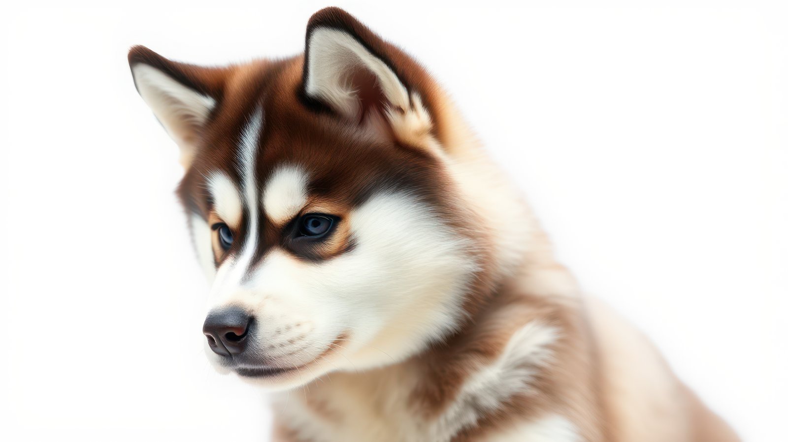 Sweet brown and white puppy sits calmly with soft expression in neutral background during bright afternoon